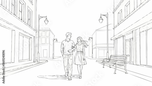 Couple walking arm in arm down a city street.