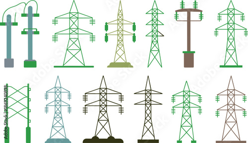 Electricity transmission tower icons set, power line pylons collection, energy infrastructure illustration, electric grid symbols, utility network design