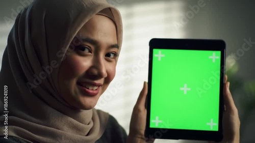 A smiling woman wearing a hijab holds up a tablet with a green screen indoors.