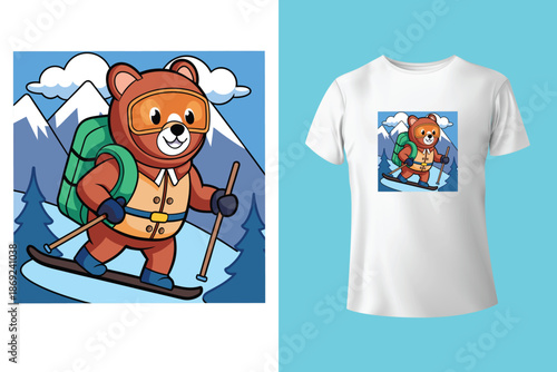 Dynamic black and white t shirt design featuring a snowboarder mid air against a mountain and forest landscape