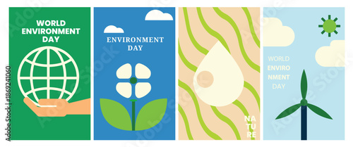 Minimalist World Environment Day posters promoting sustainability, renewable energy, water conservation, and nature protection concepts.