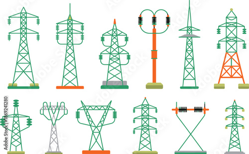 Electricity transmission tower icons set, power line pylons collection, energy infrastructure illustration, electric grid symbols, utility network design