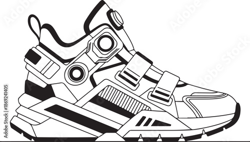 Vector illustration of sport shoes isolated on a white background featuring a digital circuit board pattern and tech line art for a modern engineering concept design