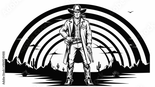 Cowboy standing in the desert with a gun and hat.