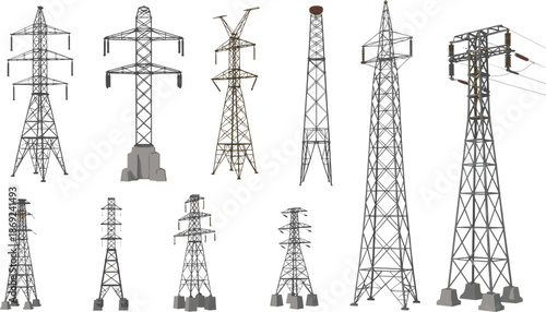 Electricity transmission tower icons set, power line pylons collection, energy infrastructure illustration, electric grid symbols, utility network design