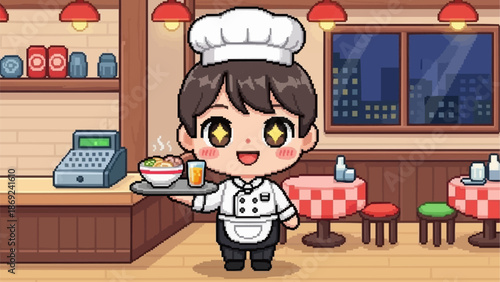 Cute Cartoon Chef Holding Food Tray in Restaurant.