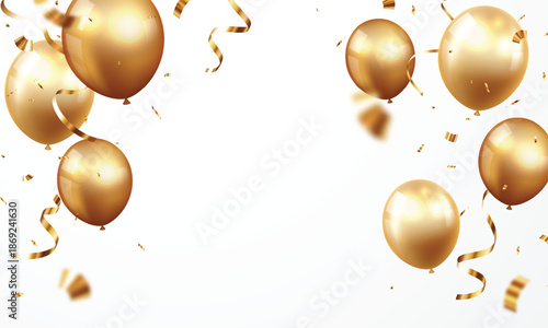Falling ribbon, balloons and gold confetti, Celebration banner design