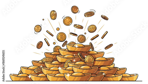 A large pile of traditional Chinese gold ingots with golden coins falling and scattering around, symbolizing wealth and prosperity.