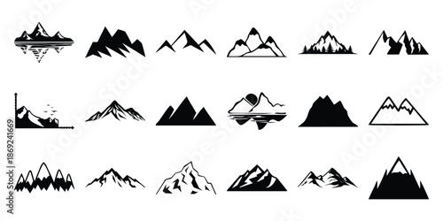 Collection of black and white mountain silhouette and mountains peak