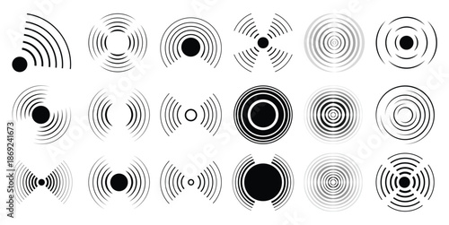 Collection of abstract circular wave and signal in black white and grey circle