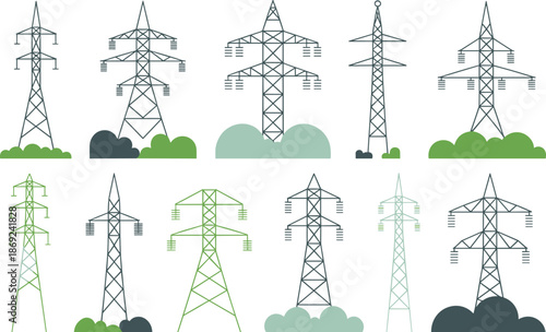 Electricity transmission tower icons set, power line pylons collection, energy infrastructure illustration, electric grid symbols, utility network design