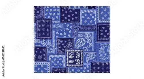 Vibrant blue paisley patchwork textile design featuring a captivating array of intricate traditional patterns stitched together in a dynamic and