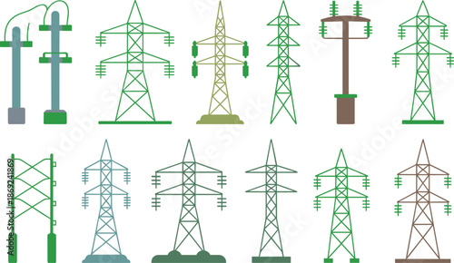 Electricity transmission tower icons set, power line pylons collection, energy infrastructure illustration, electric grid symbols, utility network design
