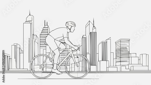 Cyclist riding bicycle in front of city skyline sketch.