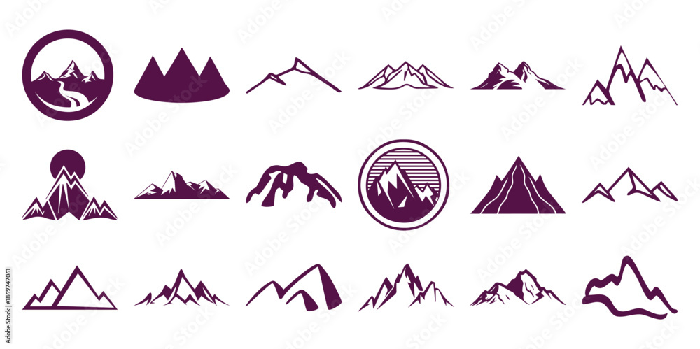 Fototapeta premium Collection of stylized purple mountain range and symbols mountains peak