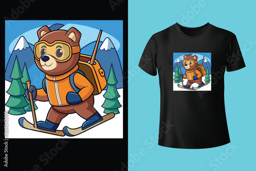 Dynamic black and white t shirt design featuring a snowboarder mid air against a mountain and forest landscape