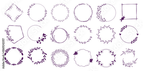 Collection of purple floral and leafy decorative borders and frames