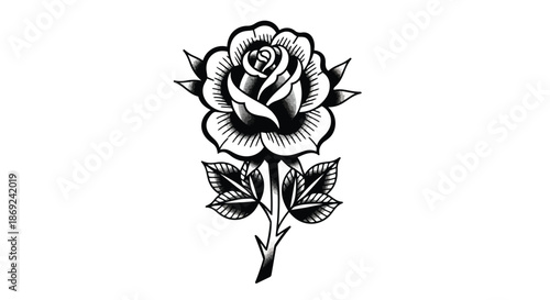Black and white traditional tattoo style rose illustration, classic floral design with bold outlines and shaded petals, an iconic artistic emblem