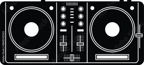 DJ equipment, a set of turntables and a mixer vector icon. DJ table setup, DJ controller with a mixer and two turntables illustration silhouette. 