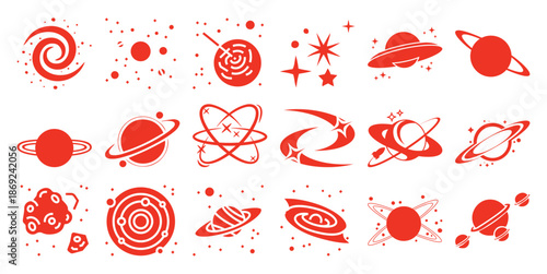Collection of red space including planets galaxies and U F Os white galaxy rocket