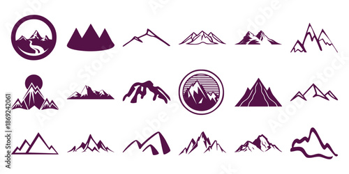 Collection of stylized purple mountain range and symbols mountains peak