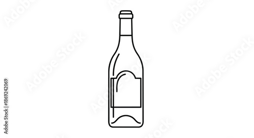 A crisp black and white line art illustration showcasing a classic bottle shape with a prominent blank label, ideal for beverage branding, packaging