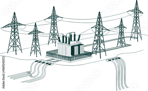 High voltage power transmission towers with electrical transformer, modern electricity grid infrastructure, energy distribution system, utility technology, industrial power network