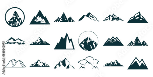 Collection of stylized dark teal mountain range and symbols mountains peak