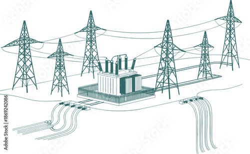 High voltage power transmission towers with electrical transformer, modern electricity grid infrastructure, energy distribution system, utility technology, industrial power network