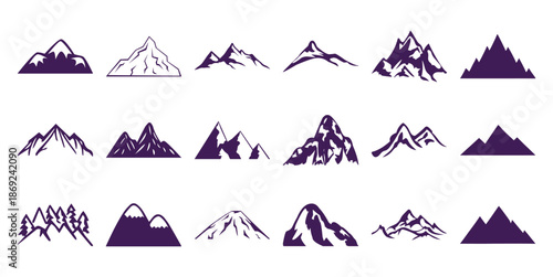 Collection of stylized purple mountain range silhouettes a white mountains peak