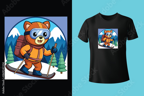 Dynamic black and white t shirt design featuring a snowboarder mid air against a mountain and forest landscape