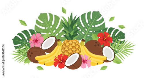 Vibrant tropical fruit and floral arrangement showcasing pineapple, bananas, coconuts, and hibiscus blooms amidst lush green foliage.