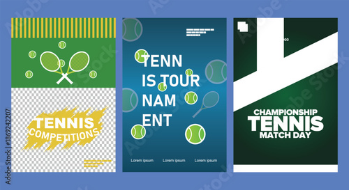 Dynamic vector graphic design set of three vertical posters promoting a tennis tournament, championship match day, and sports competition.