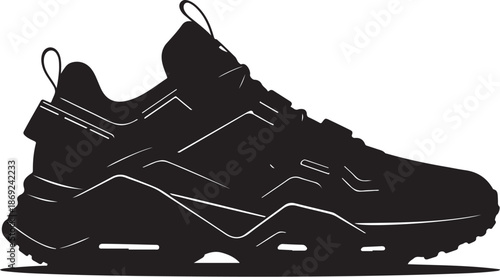 Vector illustration of sport shoes isolated on a white background featuring a digital circuit board pattern and tech line art for a modern engineering concept design