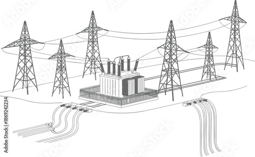 High voltage power transmission towers with electrical transformer, modern electricity grid infrastructure, energy distribution system, utility technology, industrial power network