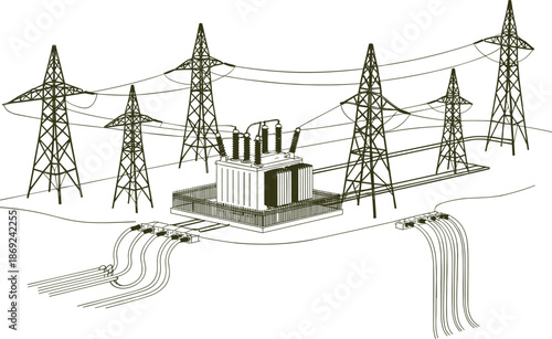 High voltage power transmission towers with electrical transformer, modern electricity grid infrastructure, energy distribution system, utility technology, industrial power network