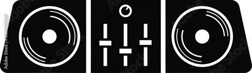 DJ equipment, a set of turntables and a mixer vector icon. DJ table setup, DJ controller with a mixer and two turntables illustration silhouette. 