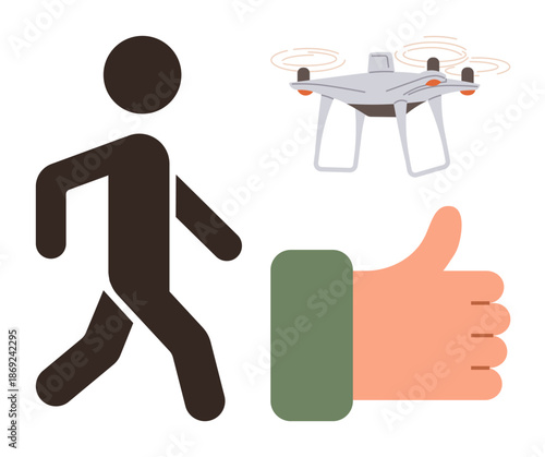 Technology, approval, surveillance, transportation, safety, social interaction. Silhouette of a walking person, a flying quadcopter and a thumbs-up. Technology and surveillance concepts visually