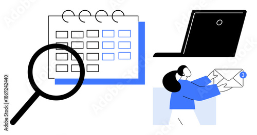 Time management, remote work, project planning, communication, notifications, customer support. Calendar with magnifying glass, laptop and woman holding an envelope. Time management