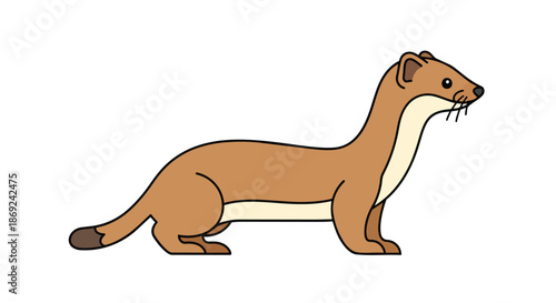 Charming minimalist illustration of a slender brown weasel creature standing in profile on a pristine white background artwork