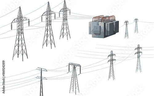 High voltage power transmission towers with electrical transformer, modern electricity grid infrastructure, energy distribution system, utility technology, industrial power network