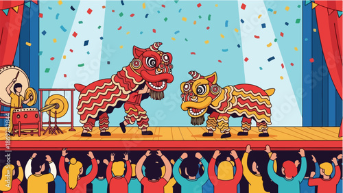A vibrant illustration of a Chinese lion dance performance on stage with two colorful lions, a musician, and a cheering audience under falling confetti.