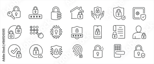 Set of Security and Protection Line Icons Collection Vector Isolated on White Background Such as Lock, Password, Safety, Protection, Data, Fingerprint and More 200