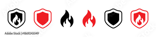 Set of security shield with flame icons symbolizing protection or fire safety and prevention in a simple illustration