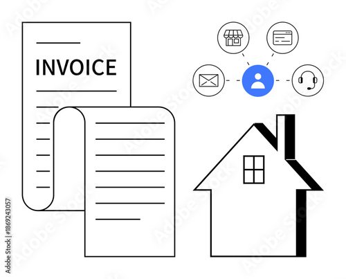 Financial management, home business, e-commerce billing, communication tools, customer relationship, utility payments. Invoice document, house icon communication symbols. Financial management