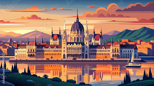 Very beautiful sunset view of the Hungarian Parliament in Budapest, Hungary, glowing in warm evening light as the Danube River mirrors the iconic architecture under a dramatic sky.