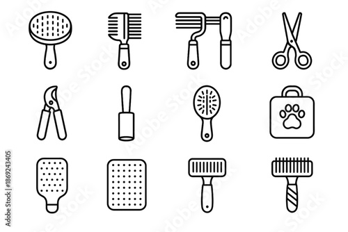 Grooming comb cleaner pair dog scissors tool rake paw icon case vector