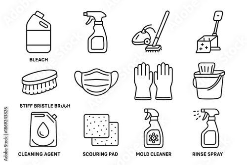 Deep bristle vector icon grout pad icons wringer bottle scouring bucket cleaning