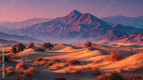 Tranquil Orange Desert Landscape with Sand Dunes and Mountain Range View