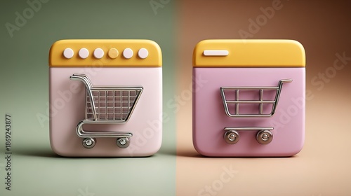 Simple 3D Shopping Cart Icon Renderings with Pastel Color Palettes